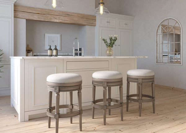 English Elm 31in. Swivel Barstool Faux Leather Seat Nailhead Trim Carved Walnut Frame Kitchen Bar Gray B2751P436439