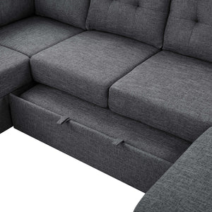 English Elm Linen Blend U-shape Sectional Sleeper with Tufted Back and Hidden Storage Chaise B2748S00024