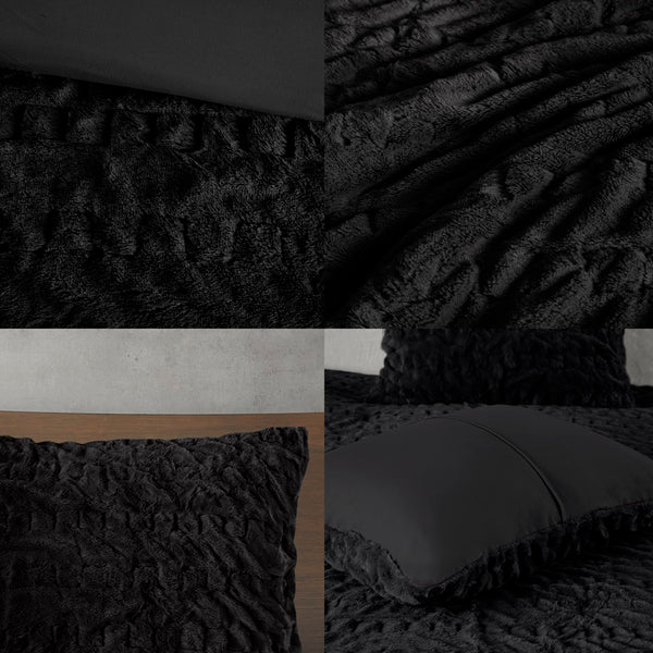 JLA Home Madison Park - Ruched Faux Fur Comforter Set with Hypoallergenic Down Alternative, OEKO‑TEX Certified Luxury Touch Black MP10-8213
