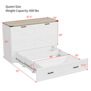 English Elm Queen Murphy Cabinet Bed Farmhouse White Foldable Platform with Storage and Charging N733S237837W