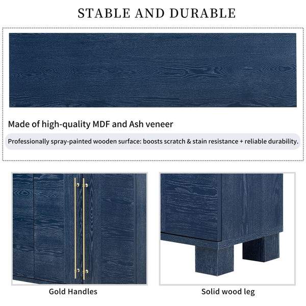 English Elm Trexm Ash Veneer Buffet with Gold Handles and Adjustable Shelves for Dining Spaces Antique Navy N715P392244M