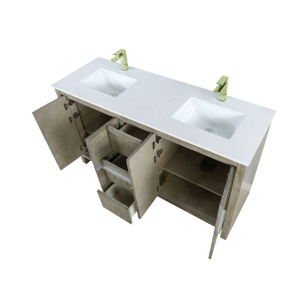 English Elm Rustic Acacia Double Bath Vanity 60" W With White Quartz Top & Brushed Nickel Faucet Set – Stylish Storage! B2731P259210-GIGA