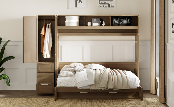 English Elm Full Full Size Murphy Bed with Wardrobe, Drawers & Open Shelves in Antique Wood—Space Saving Solution GX000388AAE