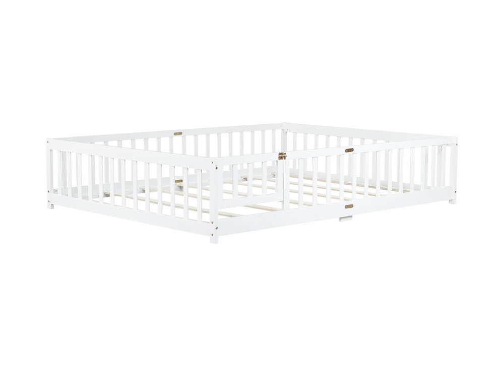 English Elm Queen Floor Bed with Safety Fence and Guardrails, Rubberwood Low Profile Platform for Kids White W504P286387