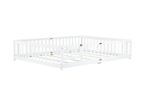 English Elm Queen Floor Bed with Safety Fence and Guardrails, Rubberwood Low Profile Platform for Kids White W504P286387