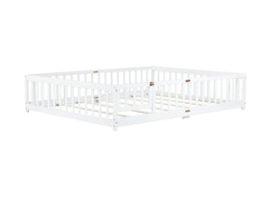 English Elm Queen Rubber Wood Floor Bed with Full Perimeter Safety Fence and Hinged Access Door White W504P429340