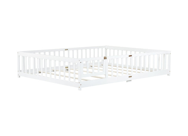 English Elm Queen Rubber Wood Floor Bed with Full Perimeter Safety Fence and Hinged Access Door White W504P429340