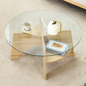 English Elm Round Tempered Glass Coffee Table with Fan Pedestal Base for Modern Living Rooms Natural Wood,Transparent W1151P256001