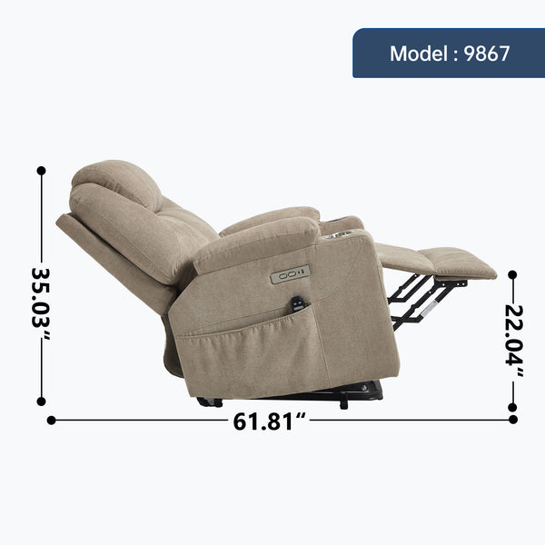 English Elm Up to 350 Lbs Chenille Power Lift Recliner with Massage Heating and Usb Charging Ports Khaki W3224S00026