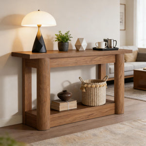 English Elm Practical Geometric Console Table with Matte Black Wood Grain Finish for Entryway or Sofa T3971P453271
