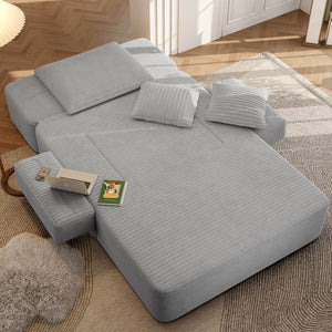 English Elm Luxurious Corduroy Convertible Chaise Lounge Sofa Bed with Foam Support for Apartments Light Grey W3219P449013
