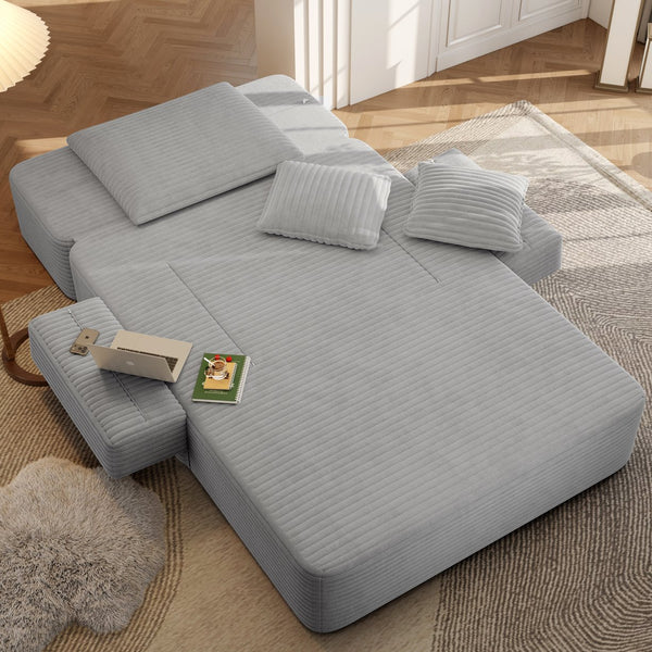 English Elm Luxurious Corduroy Convertible Chaise Lounge Sofa Bed with Foam Support for Apartments Light Grey W3219P449013