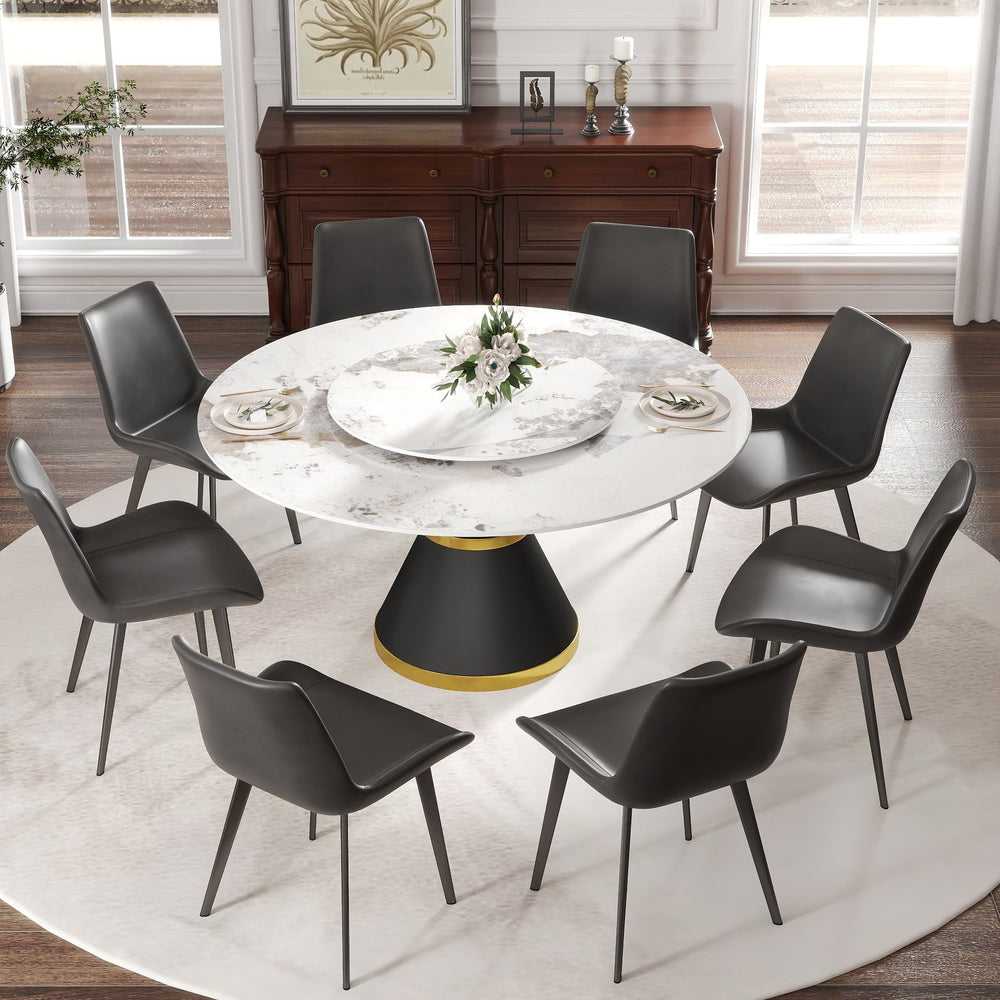 English Elm 59.05"Modern 59.05" Modern Round Dining Table With White Sintered Stone Top & Black Steel Base - Seats 6-8! W1535S00439