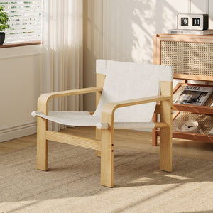 English Elm Detachable Oak Accent Chair with Solid Wood Frame, Wide Armrest, Removable Washable Linen Cover White W2336P251803