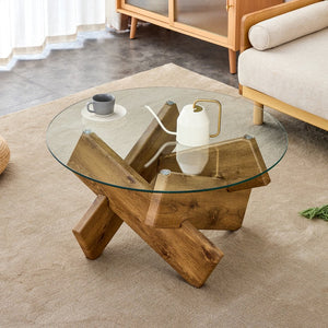 English Elm Circular glass coffee table 33.4" Modern round tempered glass top with wood MDF legs, 130 lb capacity, easy assembly W1151P143350