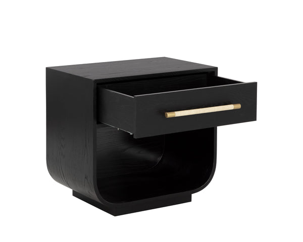 Sunpan Tarrant Nightstand – Elegant Black Oak with Raffia Handles and Modern Curves for Stylish Storage Solutions