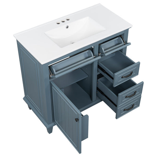 English Elm 36 Inch Bathroom Vanity With Ceramic Sink, Adjustable Shelf, Stylish Storage, Modern Blue Finish N725P336554C