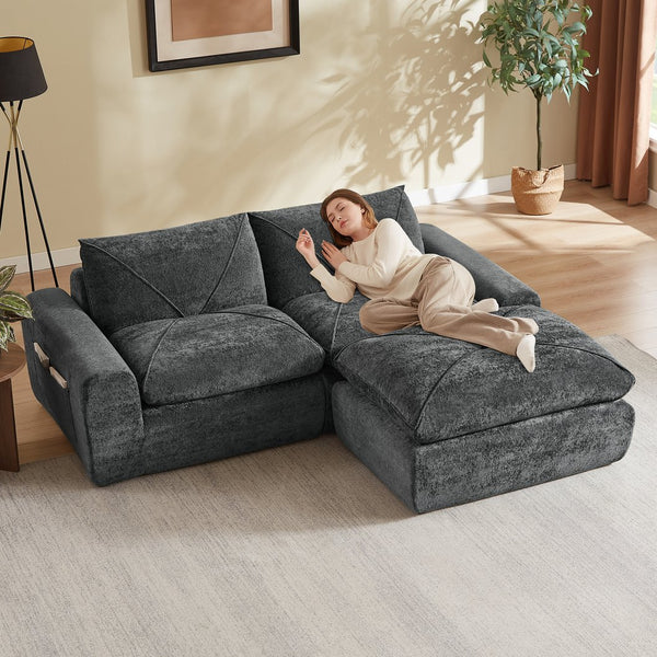 English Elm Modern Chenille Modular Sofa with Ottoman Thick Cushions for Living Room or Apartment Dark Gray W3396S00072