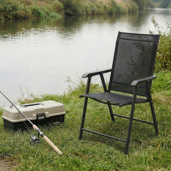 English Elm Outdoor Stackable Folding Chairs Set Ergonomic Mesh Back Steel Frame Patio Seating Black W5159P445935