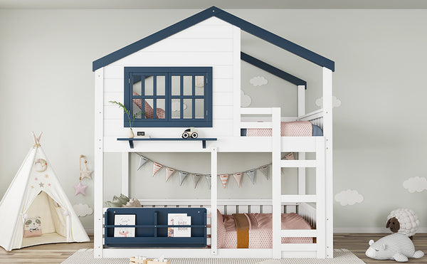 English Elm Full Bunk Bed with Trundle Bookshelf Storage Pine Frame Car Design for Kids White W1580S00552