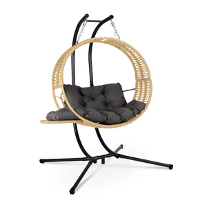 English Elm Double Hanging Egg Chair with Stand — Oversized 2-Person Wicker Rattan Swing, 700lb Capacity, Convertible Recliner W2500P290325