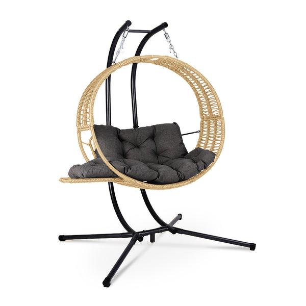 English Elm Double Hanging Egg Chair with Stand — Oversized 2-Person Wicker Rattan Swing, 700lb Capacity, Convertible Recliner W2500P290325