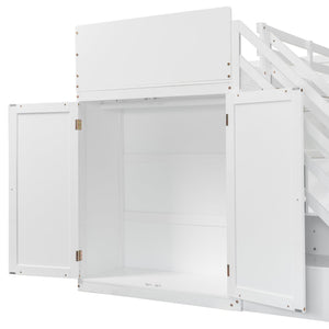 English Elm Twin Over Full Bunk Bed with Wardrobe Storage Stairs Shelves and Usb Charging White LT000292AAK