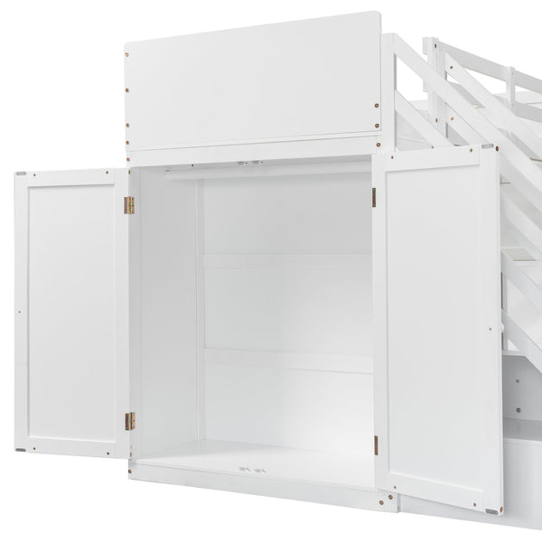 English Elm Twin Over Full Bunk Bed with Wardrobe Storage Stairs Shelves and Usb Charging White LT000292AAK