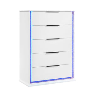 English Elm Contemporary Glam White Vertical Dresser with Led Lighting and Silver Trim for Bedroom B011P458601
