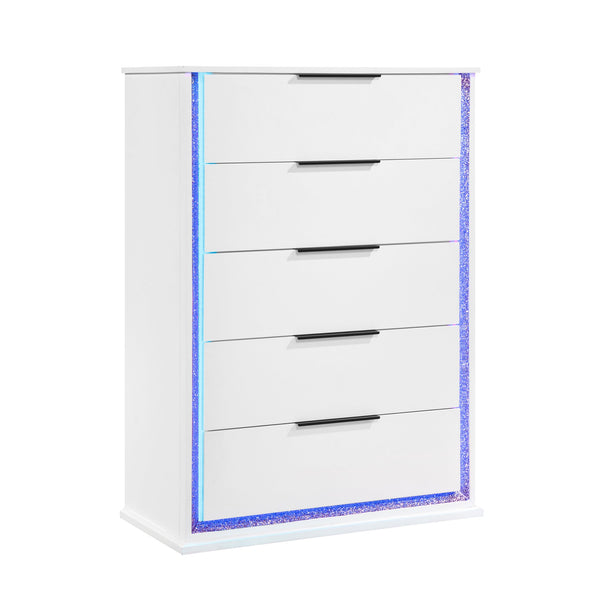 English Elm Contemporary Glam White Vertical Dresser with Led Lighting and Silver Trim for Bedroom B011P458601