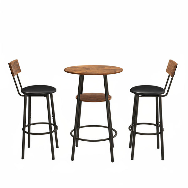 English Elm 3 Piece Bar Height Dining Set with Two Tier Storage and Pu Upholstered Stools Rustic W3204P428254