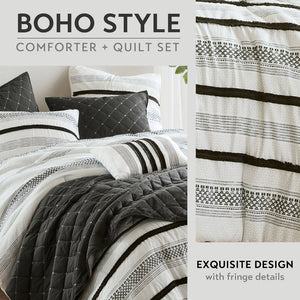 JLA Home Madison Park - 7 Piece Stripe Comforter and Quilt Set Coastal-Boho King Bedding with Plush Microfiber, Textured Coverlet, Wrinkle-Resistant Black MP10-8487