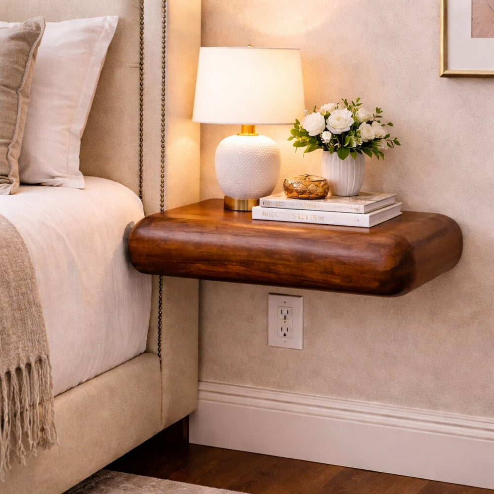 English Elm Solid Mango Wood Floating Nightstand Brass Sunburst Drawer Open Shelf Bedroom B182P476716