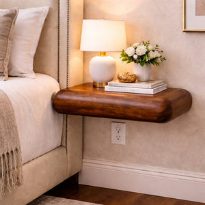 English Elm Solid Mango Wood Floating Nightstand Brass Sunburst Drawer Open Shelf Bedroom B182P476716