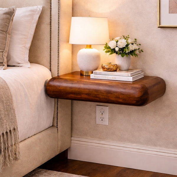 English Elm Solid Mango Wood Floating Nightstand Brass Sunburst Drawer Open Shelf Bedroom B182P476716
