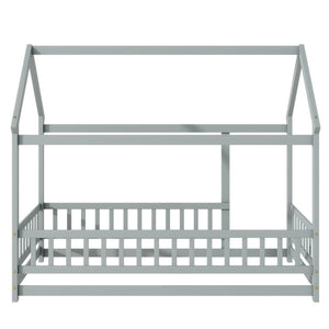 English Elm Twin Floor Wooden House Bed With Roof Frame & Guardrails - Cozy Grey Design For Kids' Rooms W504P286402-GIGA