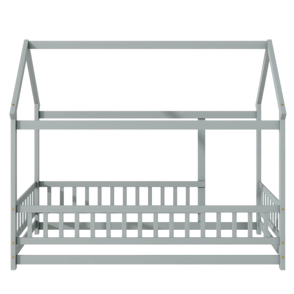 English Elm Twin Floor Wooden House Bed With Roof Frame & Guardrails - Cozy Grey Design For Kids' Rooms W504P286402-GIGA