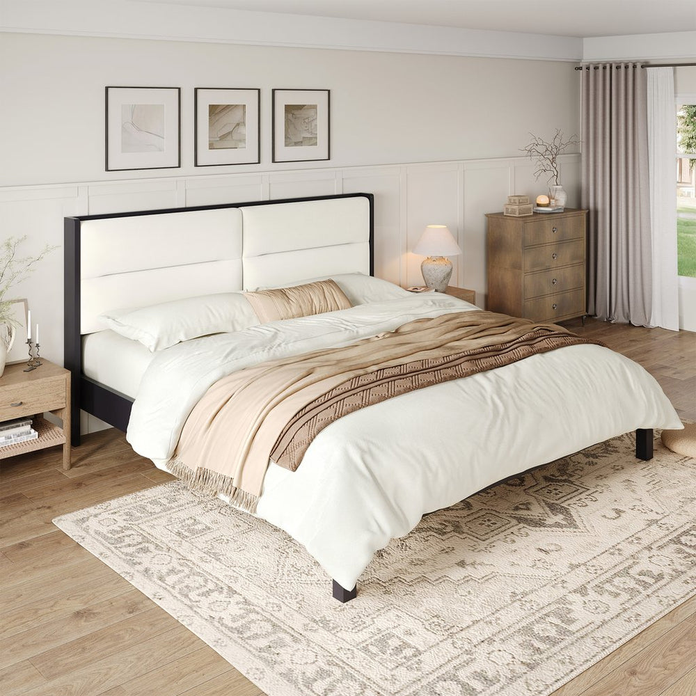 English Elm Solid Wood Queen Platform Bed Velvet Tufted Headboard Architectural Slat Design Black N7090000743B