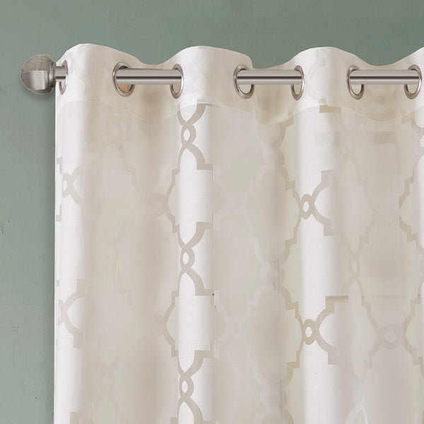 English Elm Fretwork Sheer Curtain Panel - Elegant Ivory Lightweight Treatment For Breezy, Refined Spaces B03598126