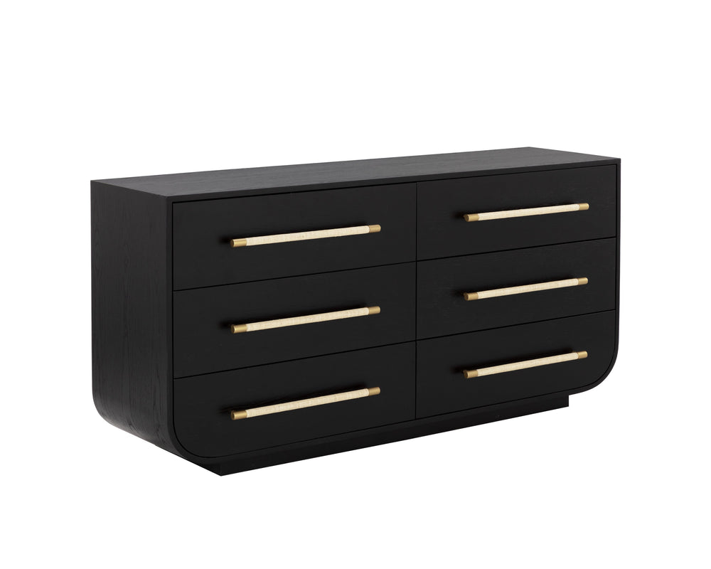 Sunpan Tarrant Dresser - Modern Black Oak Design with Raffia Wrapped Handles and Elegant Curves for Style