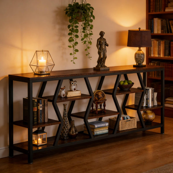English Elm Hall Console Table Industrial Rustic Two Tier Wood Tone Metal Frame Entryway Sofa T3971P450471