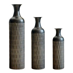 English Elm Decorative Matte Black Metal Floor Vase Trio Embossed Texture for Modern Living Spaces W2796P386870