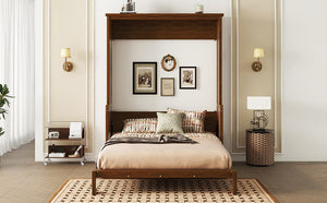 English Elm Queen Murphy Wall Bed with Integrated Desk Gas Strut Lift White Cabinet for Small Spaces Walnut W504S00226