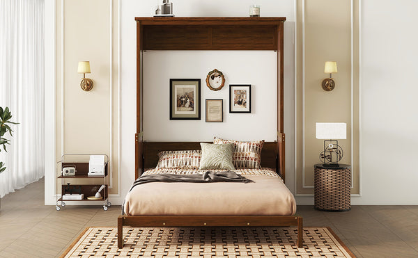 English Elm Queen Murphy Wall Bed with Integrated Desk Gas Strut Lift White Cabinet for Small Spaces Walnut W504S00226