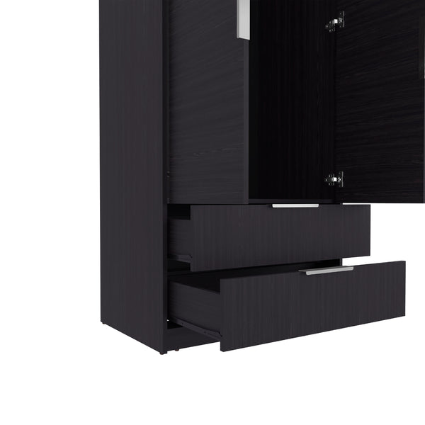 English Elm Armoire with Built-In Mirror and Ample Storage — 4 Doors, 2 Drawers, 4 Shelves, Eco-Friendly Finish Black 78.74 L x 25.59 W x 4.72 H B097S00213