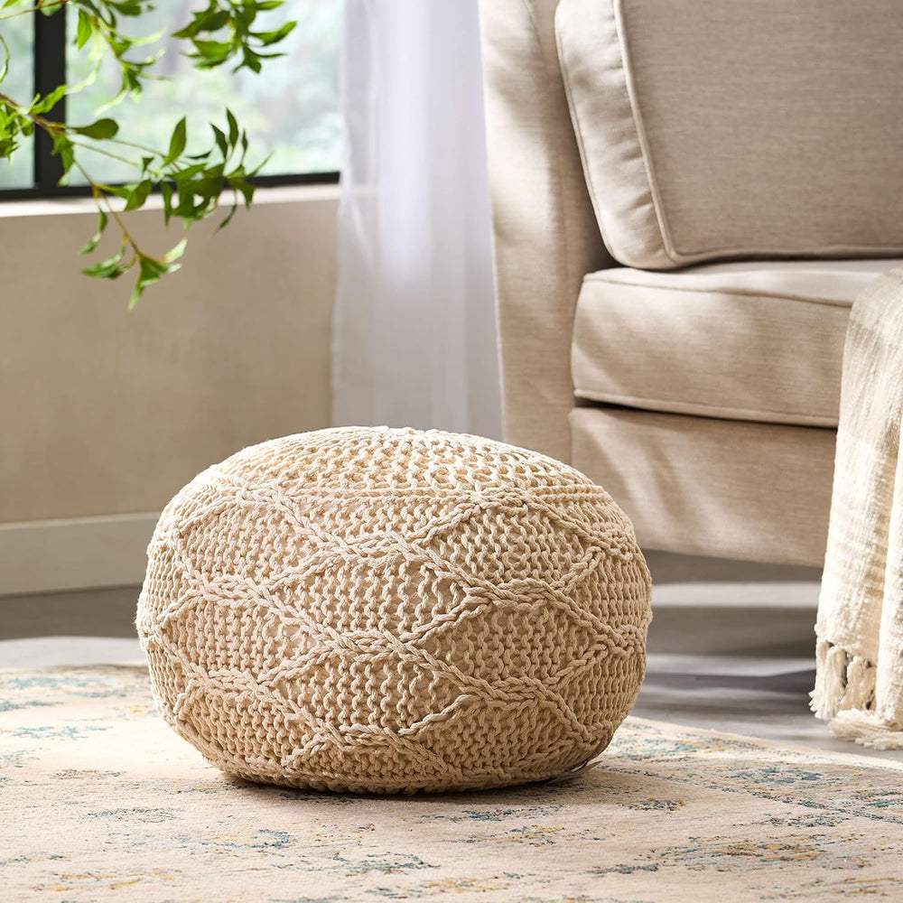 English Elm Christopher Knight Home® - Malibu Knitted Wool Round Pouf Ottoman 20x20 Cozy Knit-Weave Cotton Seat pouf for Modern Homes Ivory 60494.00IVY