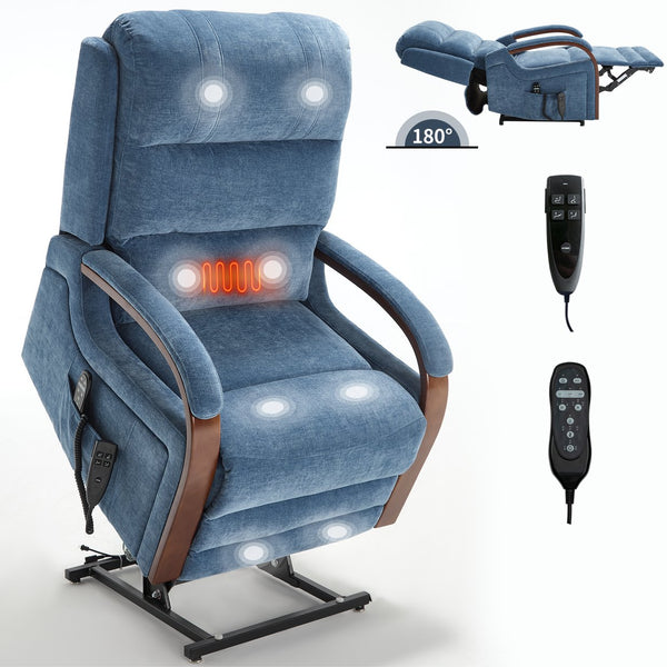 English Elm Power Lift Recliner Chair Chenille Upholstery Dual Motor Heat Massage Solid Wood Arms Blue W1803S00067