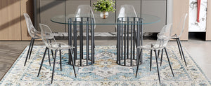 English Elm Table Oval Tempered Glass Dining Set Seats Six with Transparent Acrylic Chairs Luxe Style W1151S04761