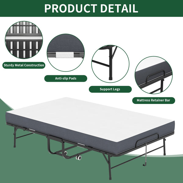 English Elm 75 Inch Rollaway Twin Bed with Memory Foam Mattress Heavy Duty Steel Frame Foldable W2735P425462