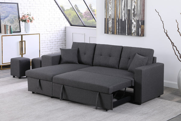 English Elm Dino Linen Tufted Sleeper Sectional with Reversible Chaise Storage and Two Ottomans Dark Gray B2749S00201